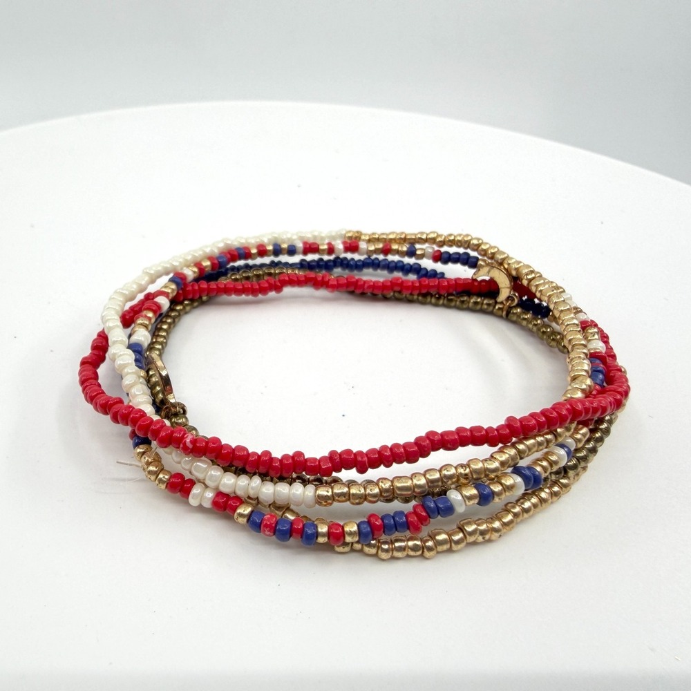 Patriotic Seed Bead Bracelet Stack Red White Blue Boho Jewelry